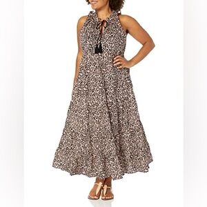 Mud Pie Leopard Maxi Dress Size L | Tiered Cotton | Tassel Tie | Worn Once